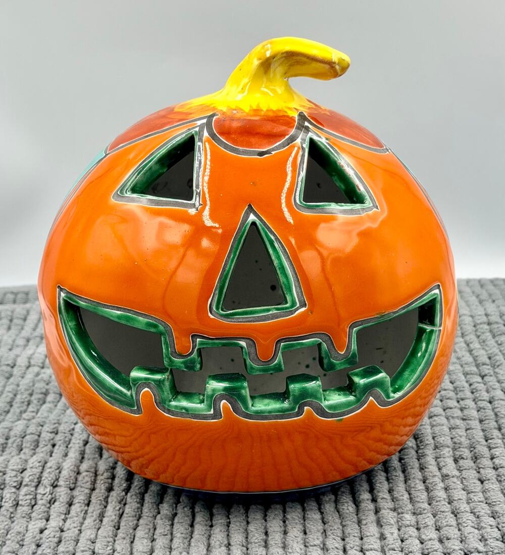 Vibrant Talavera Jack-O'-Lantern Mexican Folk Art Halloween Pumpkin Luminary